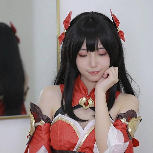 Asian Woman in Red Cosplay Outfit