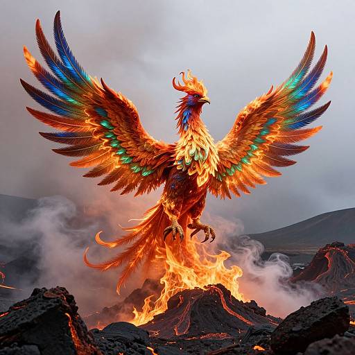 Digital art of a fiery phoenix with vibrant, multicolored wings soaring above a volcanic landscape, surrounded by smoke and flames.
