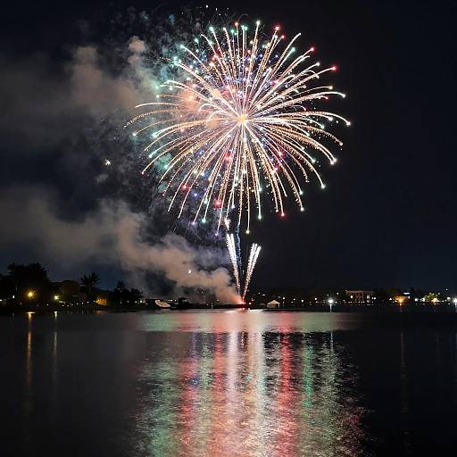 Multicolor Fireworks Over Scenic Lake