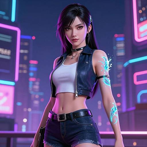 Digital art of an Asian woman with black hair, neon cityscape background, wearing a white crop top, black leather vest, and denim shorts, with