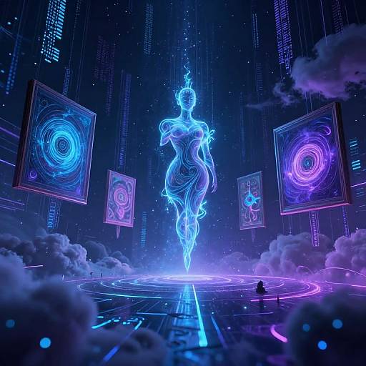 Digital art of a glowing, blue, neon humanoid figure centered on a futuristic, cybernetic stage with swirling, holographic screens and purple and blue