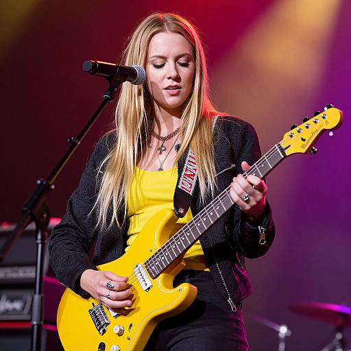 Blonde Woman Playing Yellow Electric Guitar