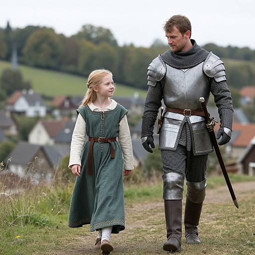 Photograph of a medieval knight in silver armor and a young blonde girl in a green dress walking hand-in-hand through a countryside village.