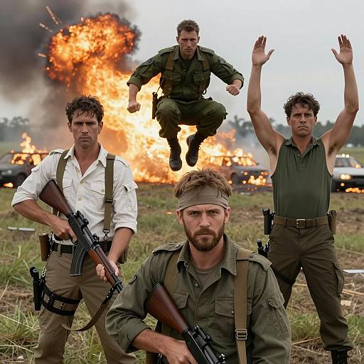 Intense Men Amidst Explosions and Chaos