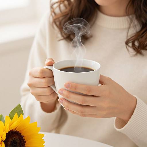 Photograph of a woman in a white sweater, holding a steaming white cup, with a sunflower in the foreground.