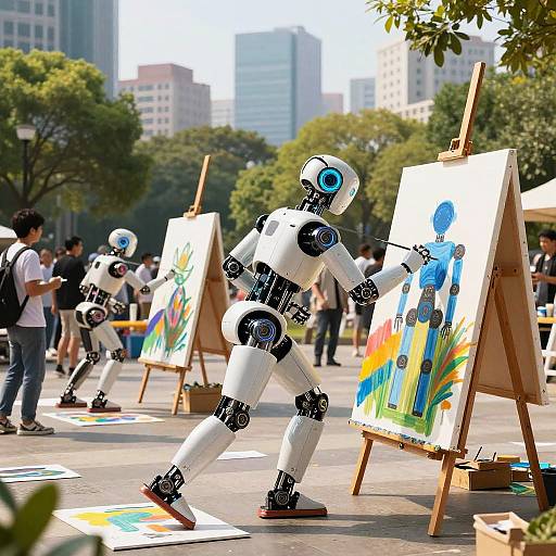 Photograph of a white humanoid robot painting on an easel in an outdoor park, surrounded by people and other easels with colorful artwork, with city