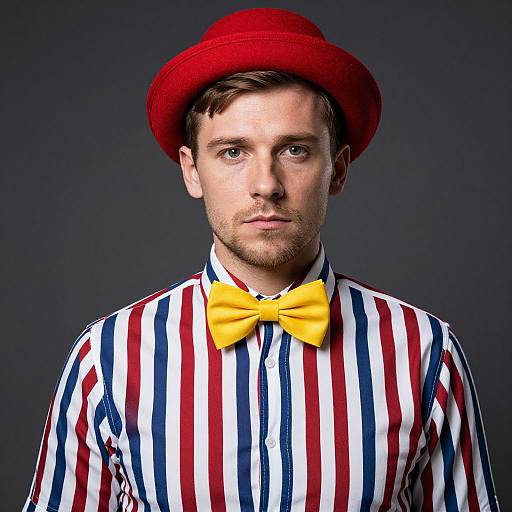 Photograph of a serious-faced man with light skin, wearing a red hat, yellow bow tie, and striped shirt with red, white, and blue