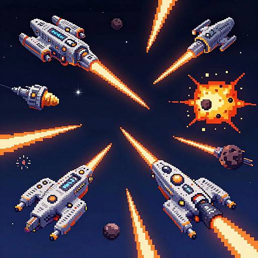 Pixel art of six white spaceships firing orange laser beams at a central, exploding star in a dark blue space backdrop.
