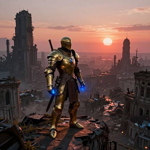 Golden armored knight with glowing blue gauntlets stands on ruined rooftop at sunset, overlooking a futuristic, post-apocalyptic cityscape.