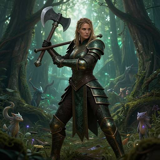 Armored Woman Warrior in Enchanted Forest