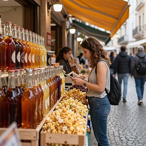 Photograph of a young woman with curly brown hair and backpack, reading labels of amber bottles and dried flowers at an outdoor market stall with yellow canopy.