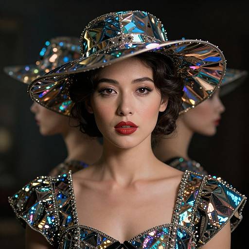 Photograph of a fair-skinned woman with red lips, wearing a reflective, iridescent hat and dress, dark wavy hair, dark background