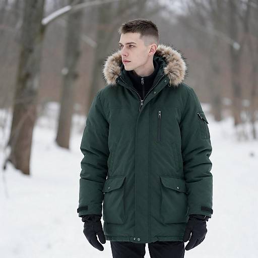 Man in Winter Coat in Snowy Forest