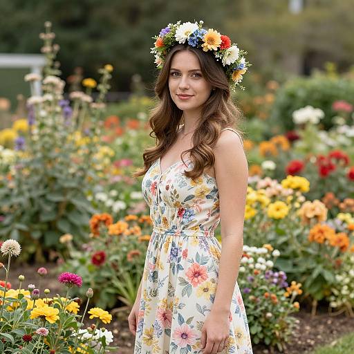 Photograph of a young woman with wavy brown hair, wearing a floral dress and colorful flower crown, standing in a vibrant, blooming garden filled