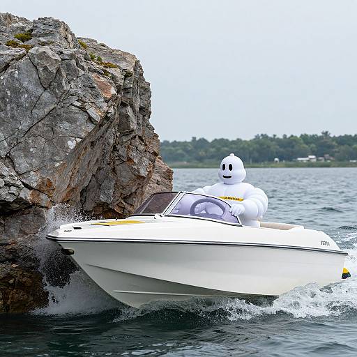 Photograph of a white motorboat with a smiling ghostly figure on the deck, navigating close to rocky shoreline, blue water, and distant green trees