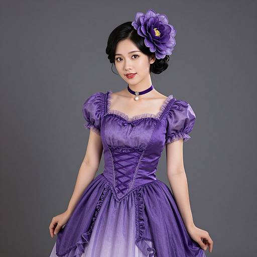 Photograph of an Asian woman in a purple Victorian-style dress with puffed sleeves, lace trim, and a large purple flower in her hair, against