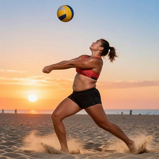 Photograph of a muscular, tan-skinned woman with black hair in a ponytail, wearing a red sports bra and black shorts, playing volleyball on