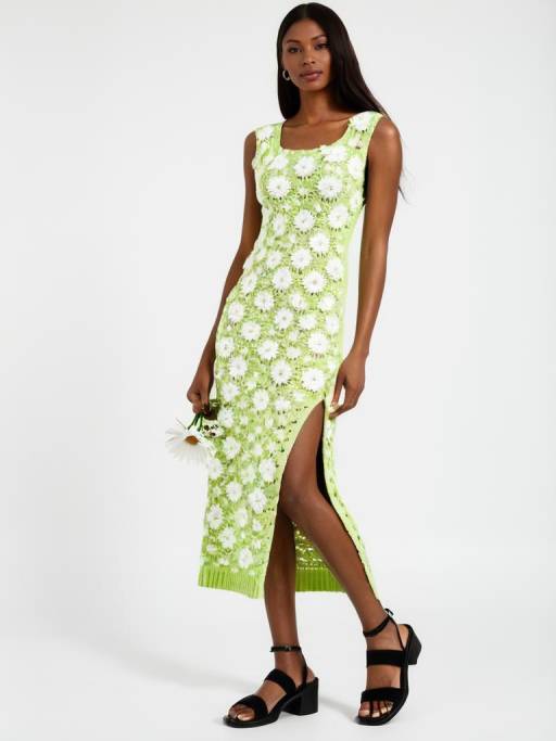 Retro Lime Green Midi Dress with Daisies