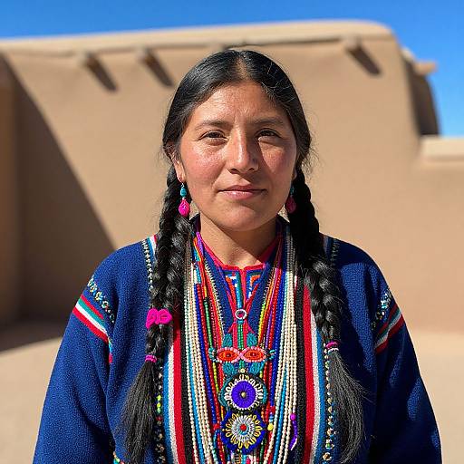 Photograph of a Native American woman with long black braids, wearing a colorful traditional dress with intricate beadwork, standing against a bright blue sky and