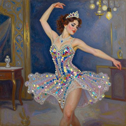 Digital painting of a redheaded ballerina in a sparkling, multicolored sequin dress, tiara, and red lipstick, dancing in an