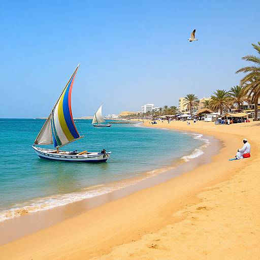 Colorful photograph of a sunny beach with a sailboat, blue sky, palm trees, a person sitting, and clear turquoise water.