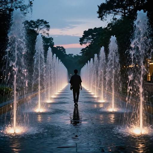 Silhouetted person walks down illuminated, symmetrical fountain path at twilight, surrounded by tall, glowing water jets, with trees in the background.