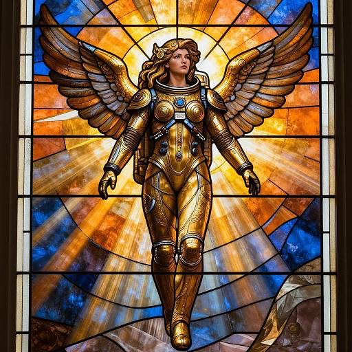 Digital artwork of a golden-winged, armored angel with flowing hair, standing on a radiant, sunburst stained glass background.