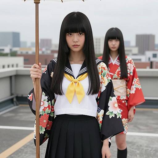 Two Asian Women in Floral Kimonos on Rooftop