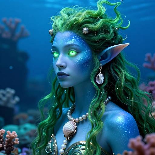 Digital CGI image of a blue-skinned, green-haired mermaid with glowing green eyes, pointed ears, and pearl jewelry, amidst vibrant underwater coral.