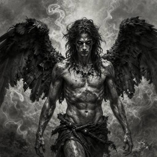 Digital artwork of a muscular, shirtless angel with black, feathery wings, grim expression, and tattered loincloth, set against a