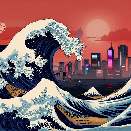 Digital artwork of a massive, white-capped wave crashing against a neon-lit, red-orange sunset city skyline with skyscrapers.