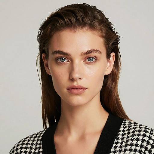 Photograph of a young white woman with blue eyes, light skin, and brown hair, wearing a black-and-white houndstooth jacket, against