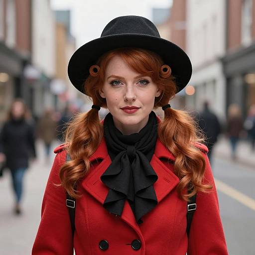 Redhead Woman in Black Hat and Red Coat