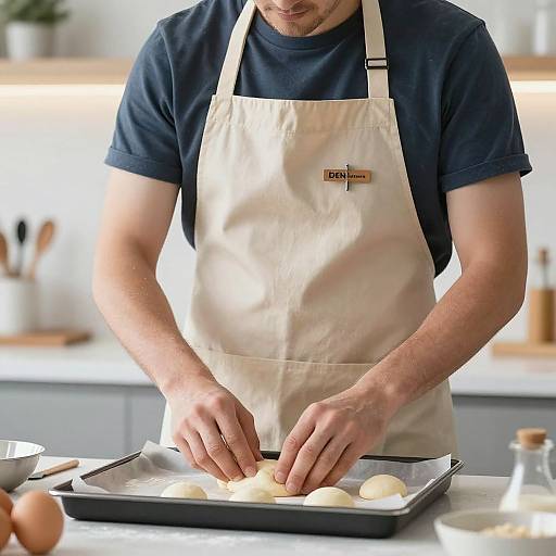 Photograph of a bearded man in a navy shirt and beige apron, placing eggs on a baking tray in a bright kitchen.