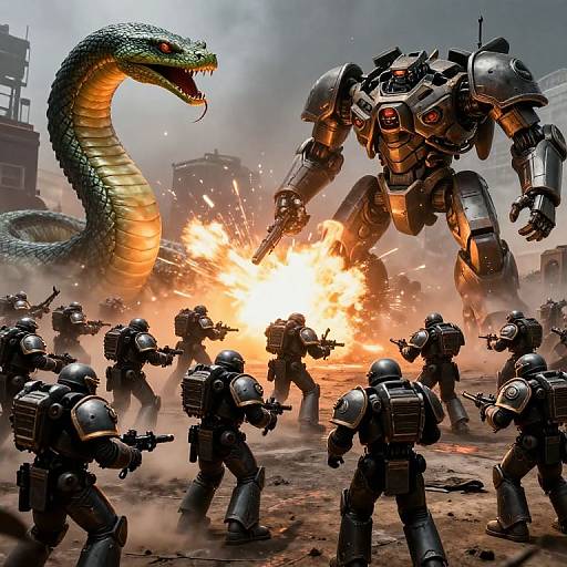 Digital artwork of armored soldiers firing at a massive metallic robot, with a green snake emerging from the smoke, amidst an explosive city battle.