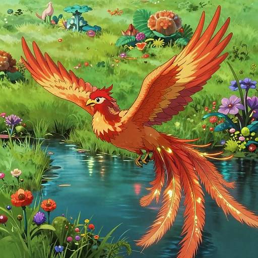 Vibrant digital illustration of a red and orange phoenix with outstretched wings flying over a colorful, floral meadow and reflective pond.