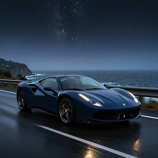 Dark Blue Ferrari on Coastal Highway