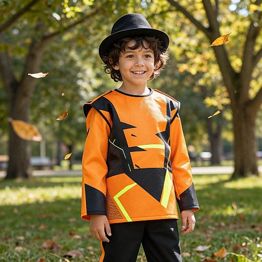 Photograph of a smiling young boy with curly brown hair, wearing an orange and black geometric-patterned shirt and black hat, standing in a sunlit