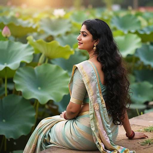 Photograph of a beautiful Indian woman with long, wavy black hair, wearing a green and gold saree, sitting in a lush lotus pond
