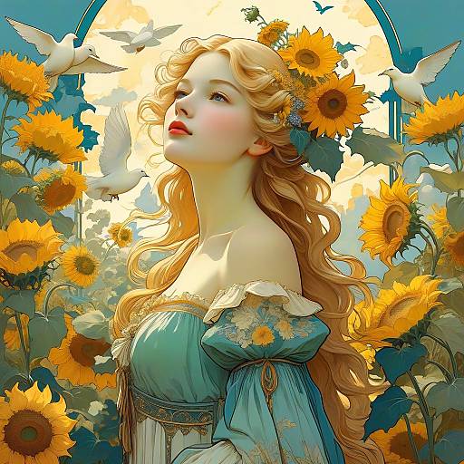 Art Nouveau Woman with Sunflowers and Doves