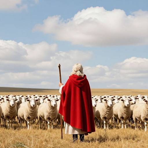 Photograph of an elderly shepherd with white hair, wearing a red cloak, standing with a staff, facing a flock of white sheep under a blue sky