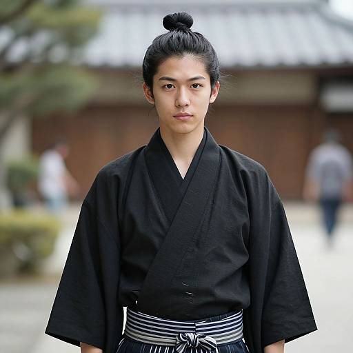 Photograph of an East Asian woman with black hair in a topknot, wearing a black kimono with a striped obi belt, standing outdoors