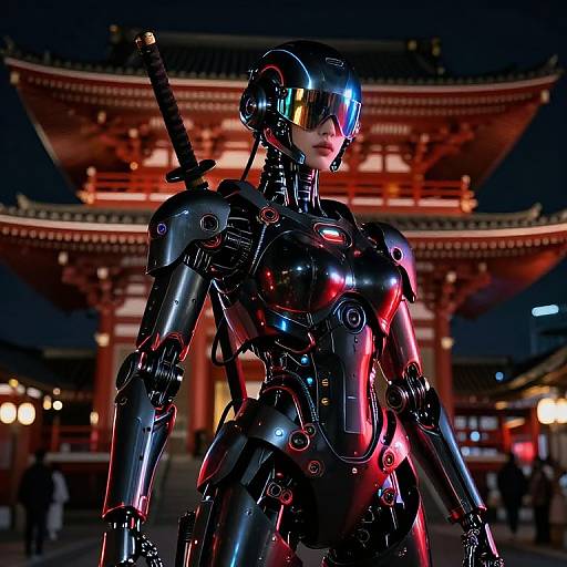 Photorealistic CGI of a sleek, black, robotic woman with glowing red and blue accents, helmet, and sword, standing in front of a brightly