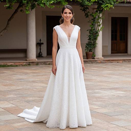 Photograph of a smiling woman in a white, lace-embellished, sleeveless wedding gown with a deep V-neck, standing on a stone