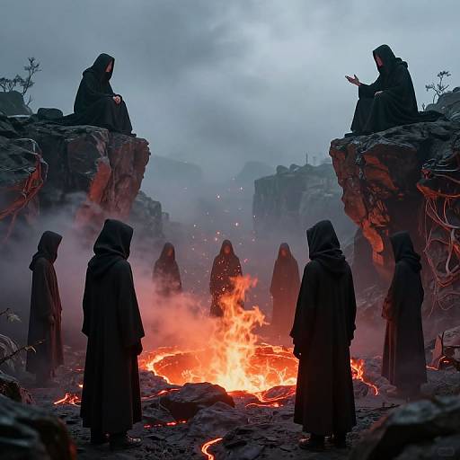 Photograph-style digital art of hooded figures around a fiery camp, silhouetted against smoky, gray sky, on rocky ruins.