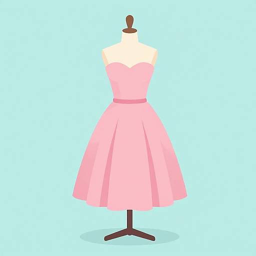 Digital illustration of a pink, strapless, knee-length dress on a brown dress form stand against a light blue background.