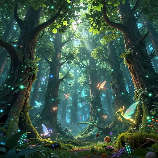 Enchanted forest scene with glowing blue and yellow butterflies, sunlight filtering through tall trees, and vibrant, luminescent flowers on the forest floor.