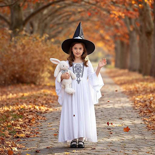 Photograph of a young girl in a white dress and black witch hat, holding a white rabbit, standing on a leaf-covered path in an autumn forest