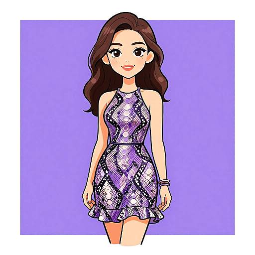 Digital anime-style drawing of a smiling young woman with long brown hair, wearing a purple and white snakeprint halter dress, against a solid purple background