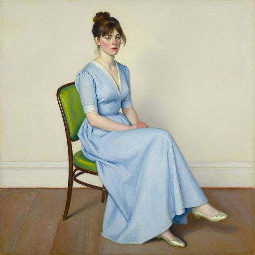 Photograph of a fair-skinned woman with brown hair in a bun, wearing a light blue Victorian-style dress and pale shoes, sitting on a green